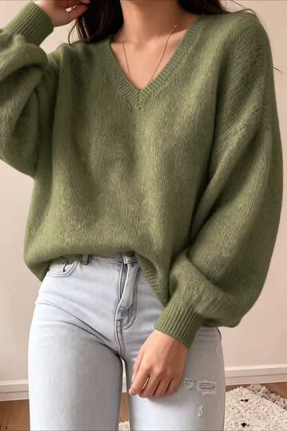 Olivgrüner Strickpullover in oversized Passform mit voluminösen Ballonärmeln