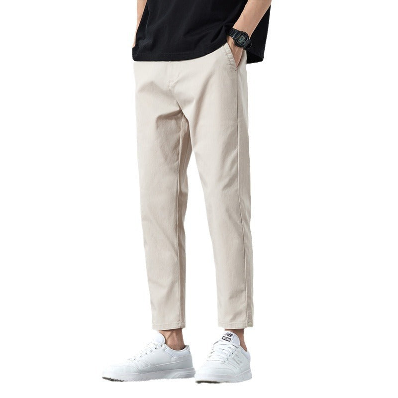Men's Summer Cropped Straight Leg Mid Waist Micro Elastic Casual Pants Solid Color Lightweight Trousers
