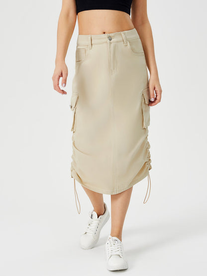Damen Cargo-Midirock mit hohem Bund, Frontschlitz und mehreren Taschen