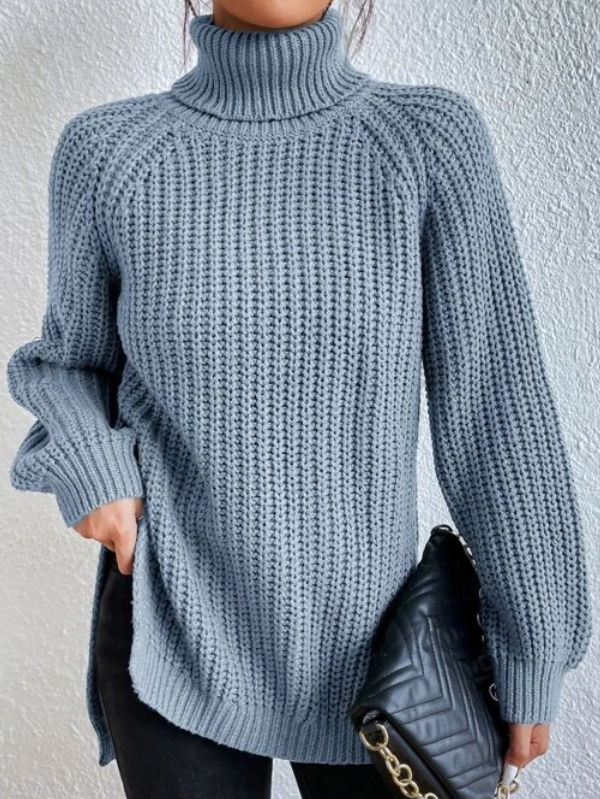 Women's Turtleneck Sweater with Raglan Sleeves and Slit Hem – Cotton Blend