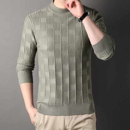 Men's Sweater with Round Neckline and Jacquard Checkered Pattern