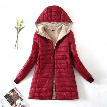 Women's winter jacket with hood and fleece lining – mid-length and fitted