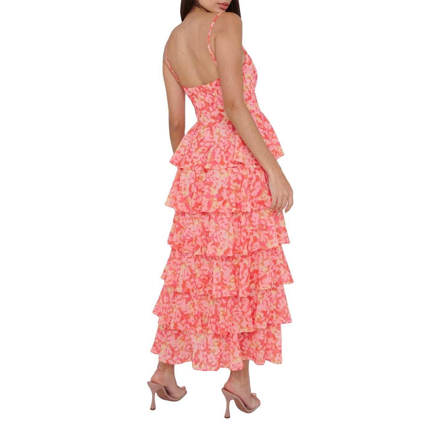 Damen Maxikleid mit Blattmuster – Spaghettiträger Ärmelloses Design