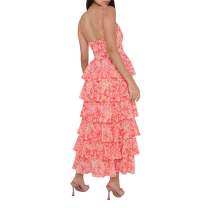 Damen Maxikleid mit Blattmuster – Spaghettiträger Ärmelloses Design