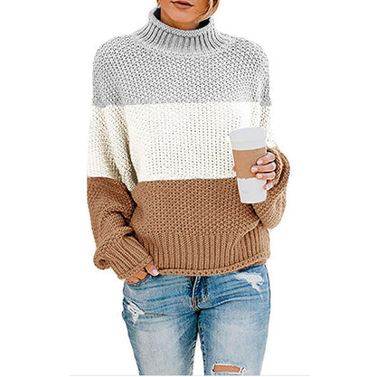 Damenpullover mit hohem Kragen, langen Ärmeln und Colorblock-Strickdesign