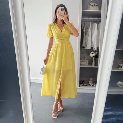Sommer-Maxikleid Für Damen Mit Tiefem V-Ausschnitt, Kurzen Ärmeln Und Faltenrock