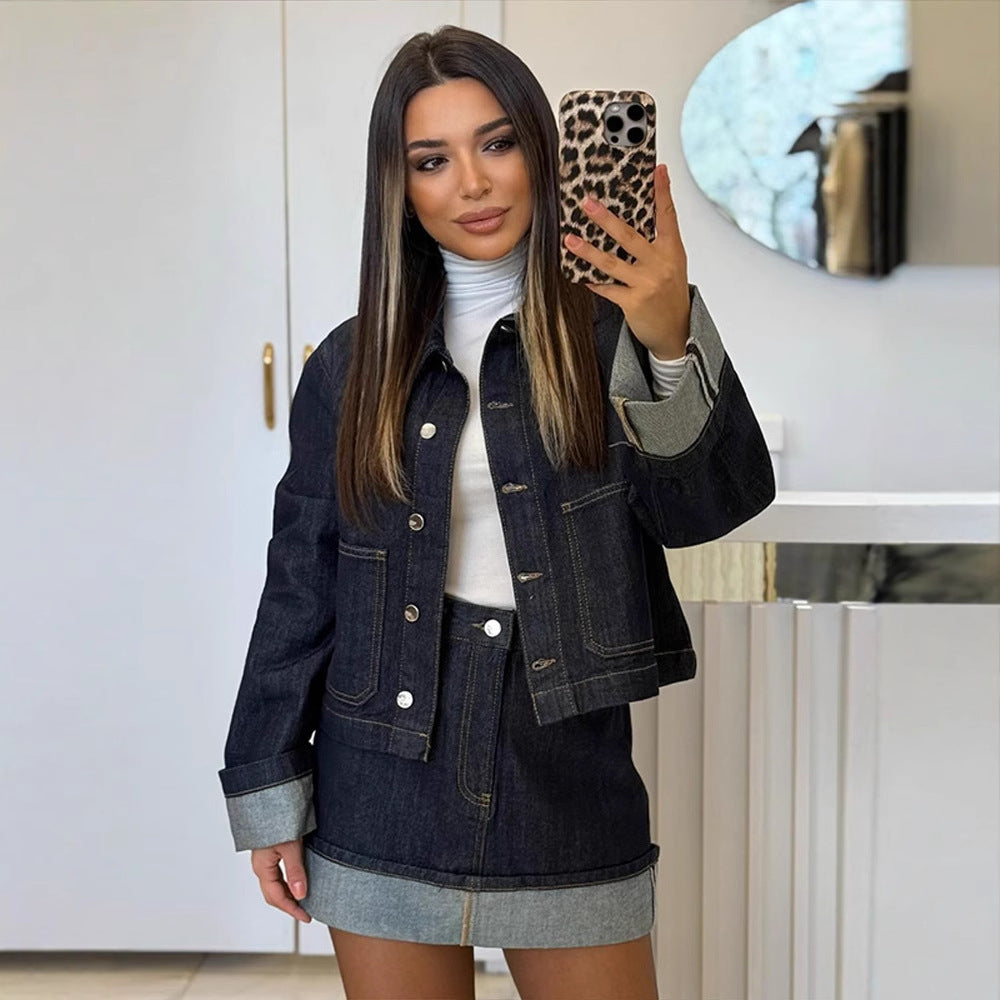 Women's short jacket with polo collar and button placket – denim mix style