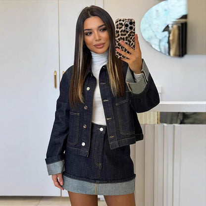 Women's short jacket with polo collar and button placket – denim mix style