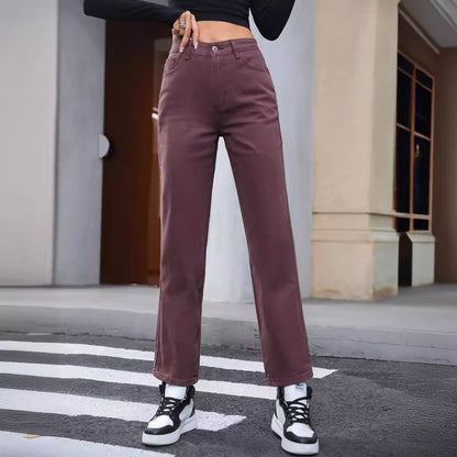 Damen-Jeans mit hohem Bund und geradem Bein, Braun – Denim-Mix Stil