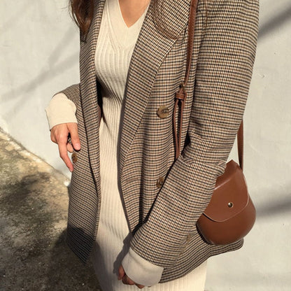 Damen-Herbstblazer mit Hahnentrittmuster und Einreiher – Klassischer Stil