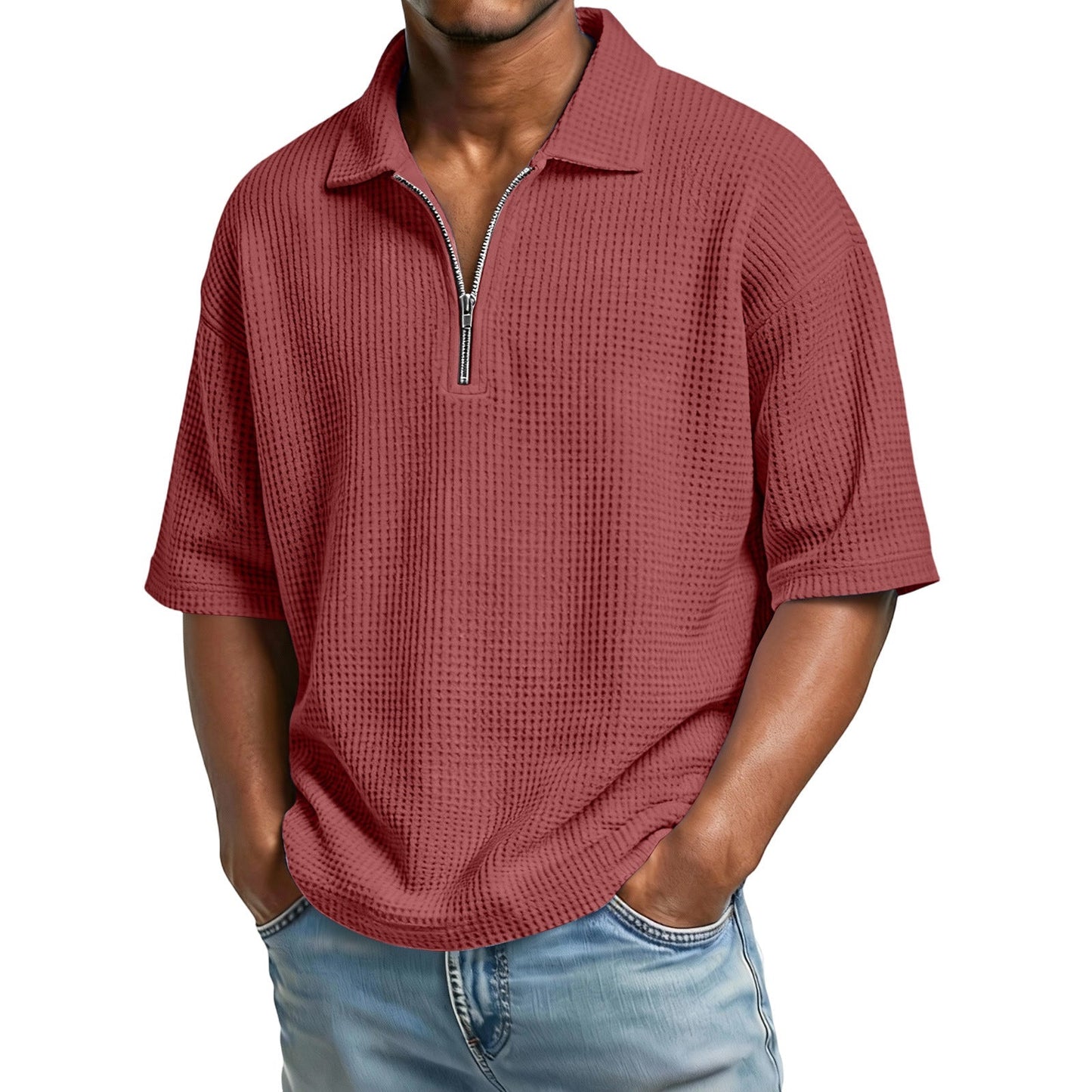 Herren Sommer Waffelstrick Poloshirt – Kurzarm Normale Passform