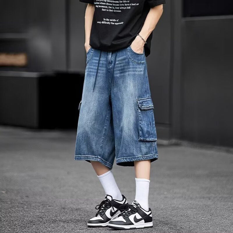 Herren-Jeans-Caprihose, Lockere Passform, Mehrere Taschen, Gerades Bein