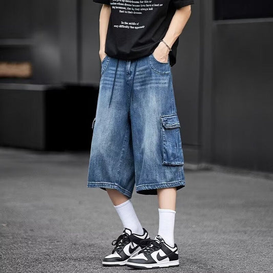 Herren-Jeans-Caprihose, Lockere Passform, Mehrere Taschen, Gerades Bein