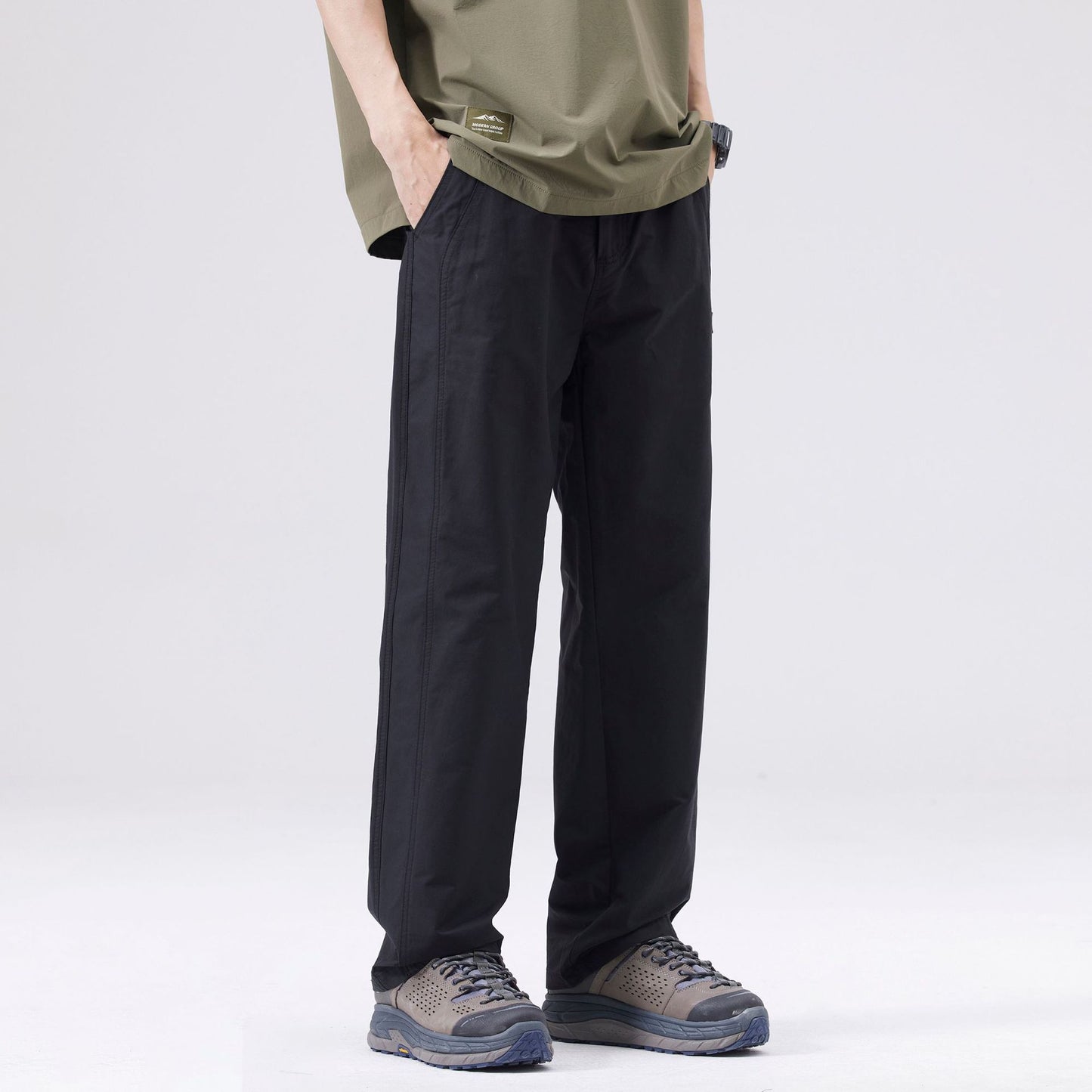 Men's casual pants with straight cut, mid-rise waistband, solid color, size range, weight-dependent fit