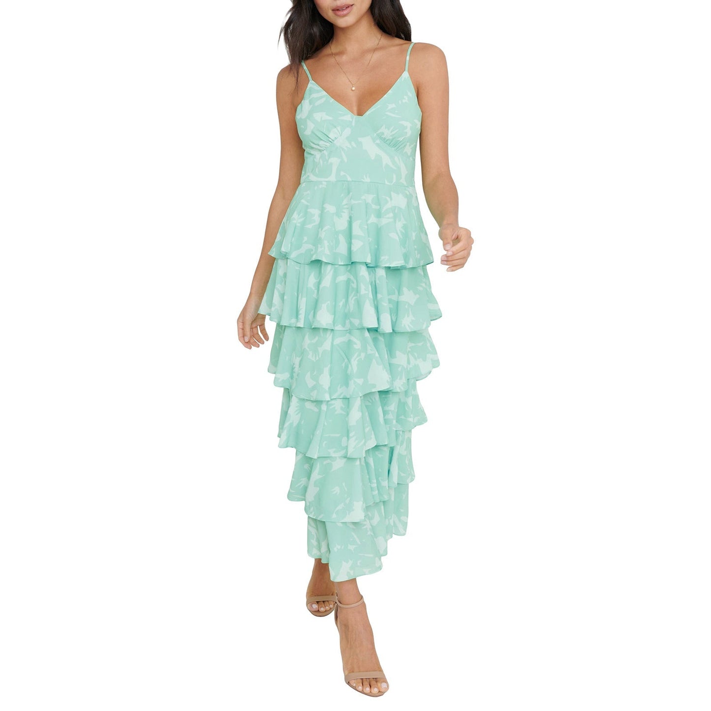 Damen Maxikleid mit Blattmuster – Spaghettiträger Ärmelloses Design