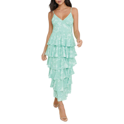 Damen Maxikleid mit Blattmuster – Spaghettiträger Ärmelloses Design