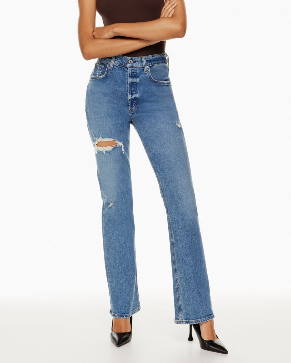 Damen-Jeans mit hohem Bund, geradem Bein und Riss-Details aus Denim-Mix