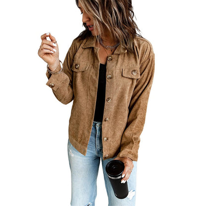 Women's shirt jacket with notch collar, front pockets, and asymmetrical hem