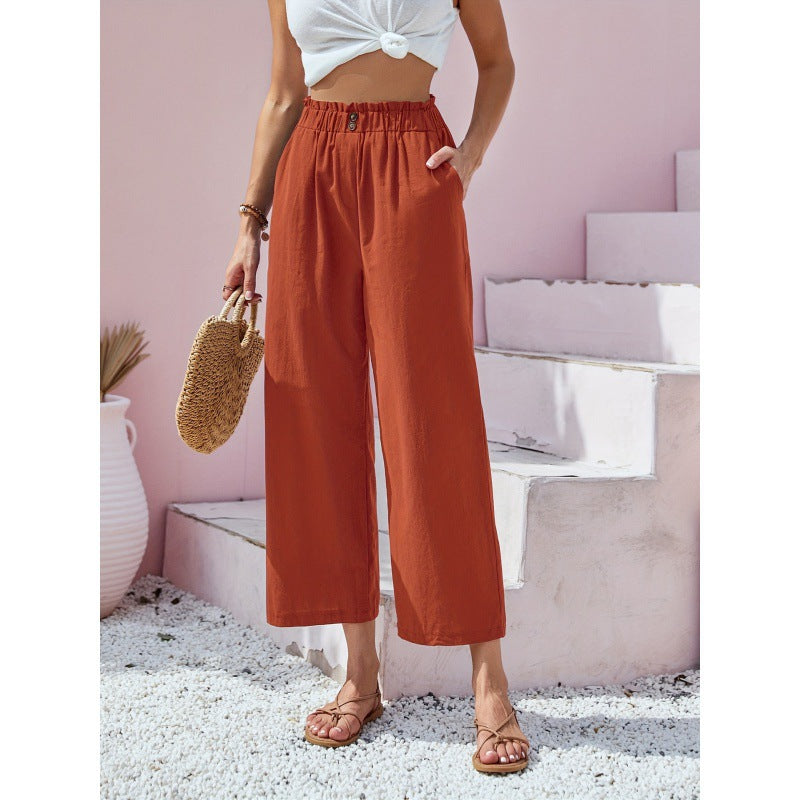 Damen-Freizeithose Mit Hohem Bund, Gerader Schnitt – Baumwoll-Leinen-Mischung
