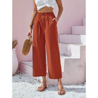Damen-Freizeithose Mit Hohem Bund, Gerader Schnitt – Baumwoll-Leinen-Mischung