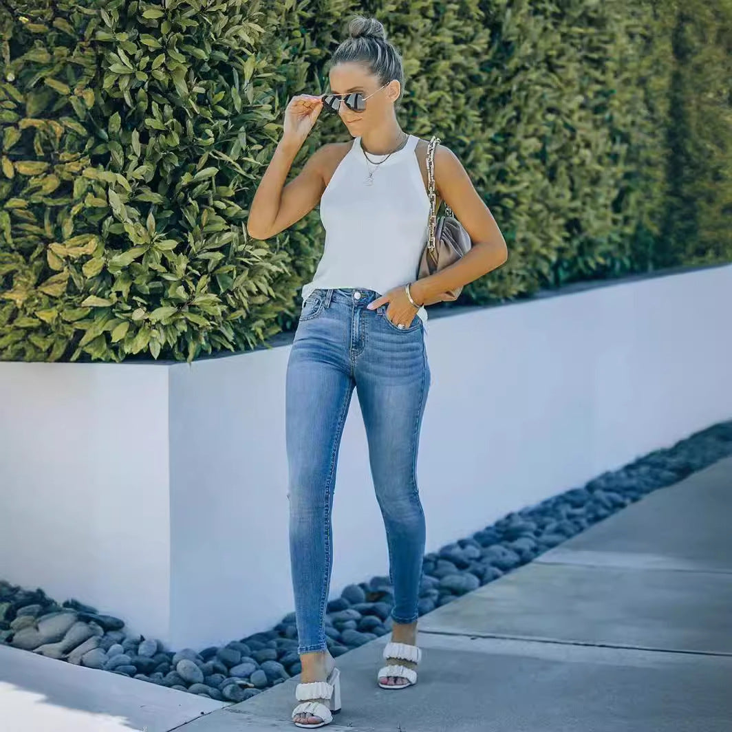 Damen Skinny-Jeanshose mit mittlerer Taille Hellblau – Denim-Mix Stil