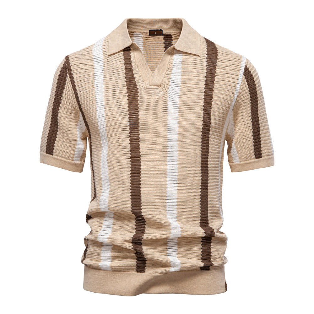 Herren Sommer Gestreifter Kurzarm-Polopullover Mit Lochmuster, Strickmuster, Ideal Für Business Und Pendler