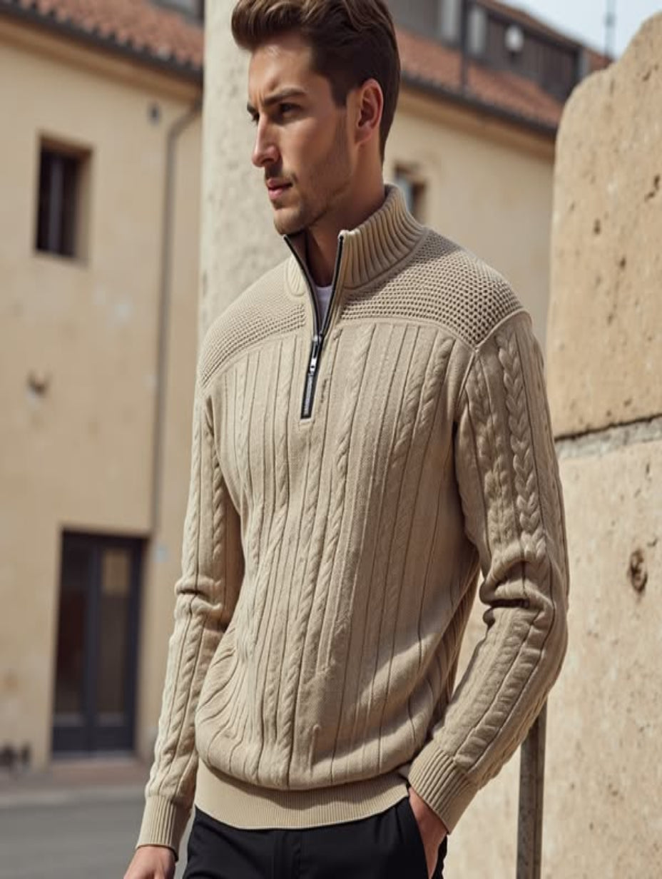 Men's knitted sweater with half zipper, standing collar, and cable pattern