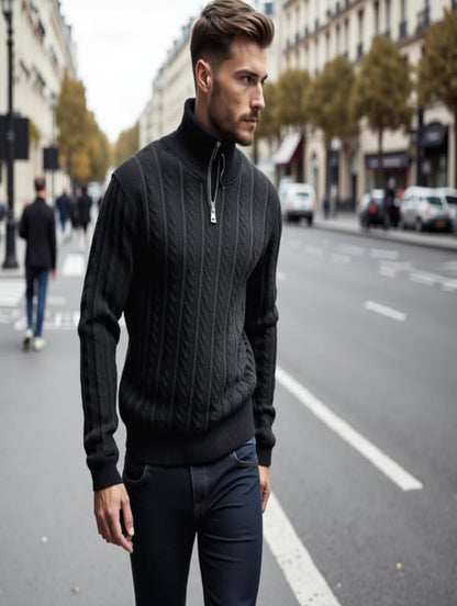 Men's knitted sweater with half zipper, standing collar, and cable pattern