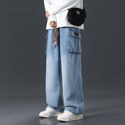 Herren-Denim-Jeans Für Den Herbst, Weites Bein, Gerader Schnitt, Locker Fallend, Farbverlauf, Gewaschen, Mittelhoher Bund Mit Mikro-Gummizug