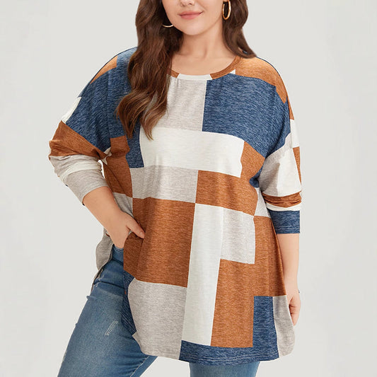 Women's Plus-Size Long-Sleeve Shirt with Print and Round Neckline