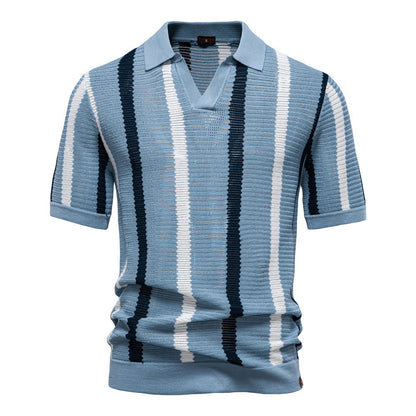 Herren Sommer Gestreifter Kurzarm-Polopullover Mit Lochmuster, Strickmuster, Ideal Für Business Und Pendler