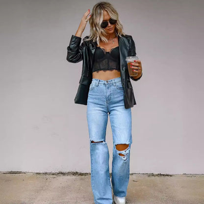 Damen High-Waist-Hose mit modischen Rissen