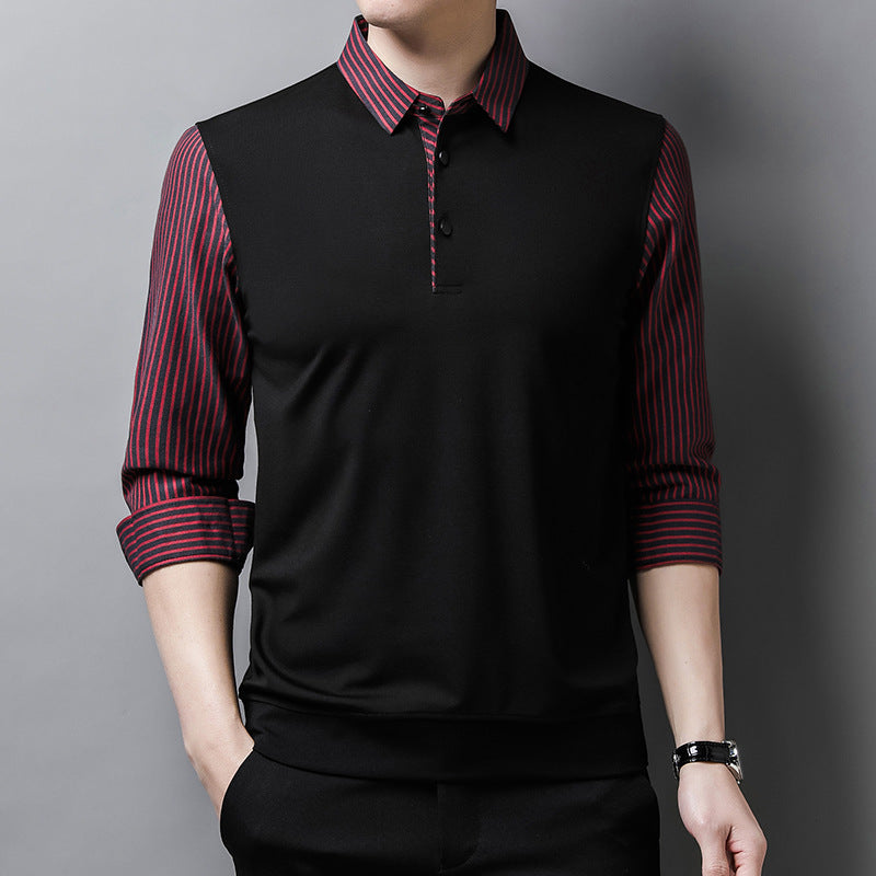 Men's Sweater-Shirt with Striped Sleeves Long Sleeve Straight Fit