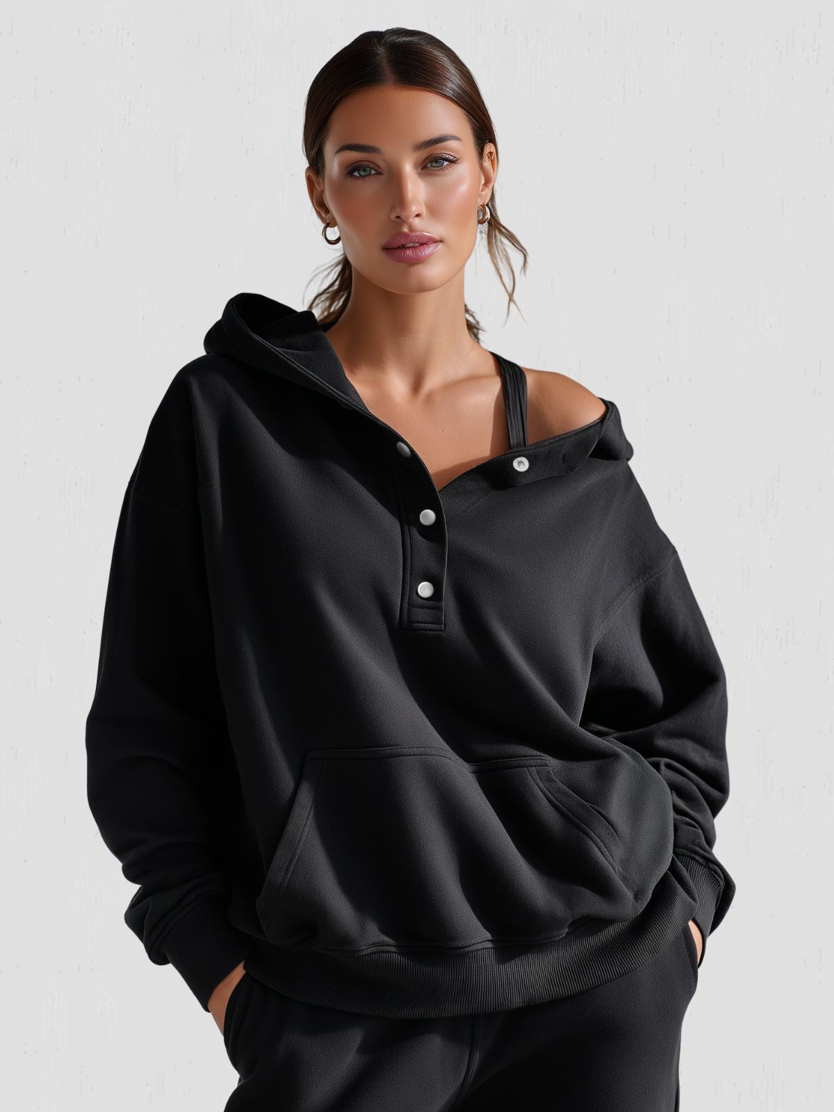 Women's Oversized Hoodie with Quarter Button Placket, Long Sleeves, Hood, Loose Fit
