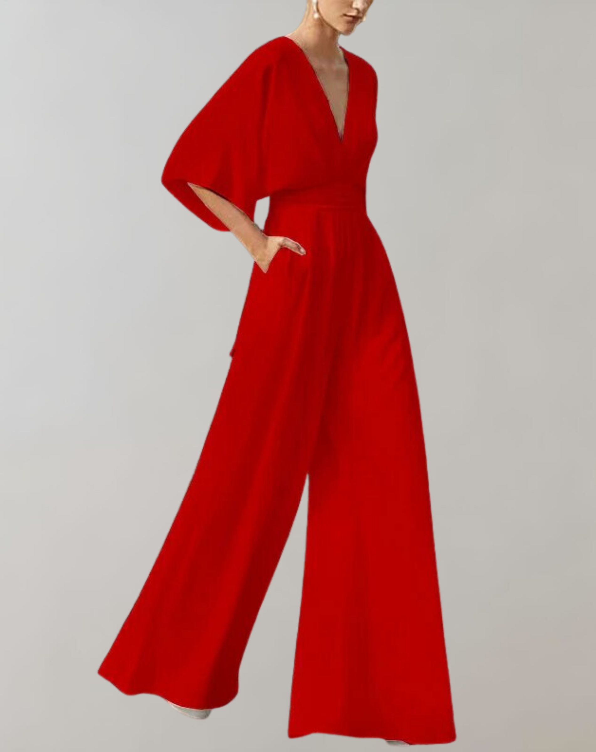 Eleganter roter Jumpsuit mit tiefem V-Ausschnitt und weiten Ärmeln, modisch und stilvoll, ideal für Abendveranstaltungen und Partys.