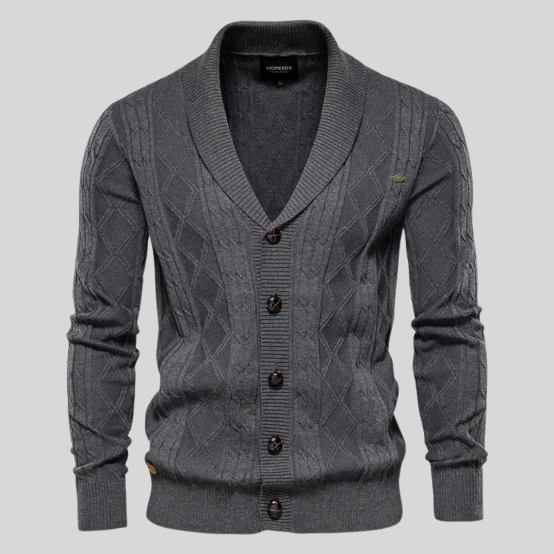 Grauer Strick-Cardigan mit Schalkragen und Knopfleiste, Herrenmode, elegantes Design, ideal für Herbst und Winter, stilvoll und warm.