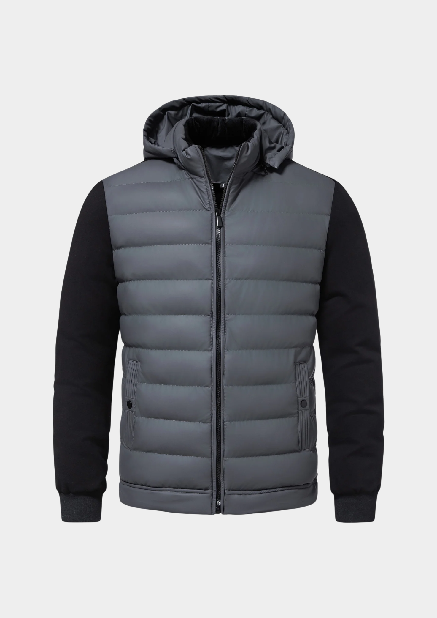 Graue Herren-Steppjacke mit Kapuze, Reißverschluss und schwarzen Ärmeln. Modische Winterjacke, warm und stilvoll für kalte Tage.