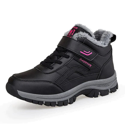 Schwarzer Damen-Winterstiefel mit Kunstfellfutter, Klettverschluss und rutschfester Sohle. Ideal für Outdoor-Aktivitäten im Winter.