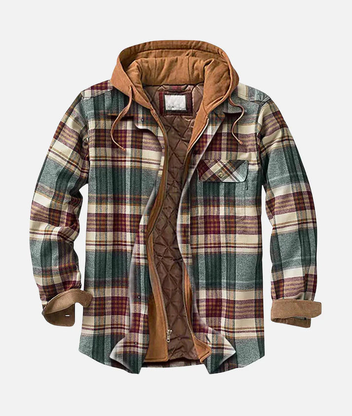 Kariertes Herrenhemd mit Kapuze, gefüttert, in Grün, Rot und Beige. Perfekt für Herbstmode, warm und stilvoll. Ideal für Outdoor-Aktivitäten.