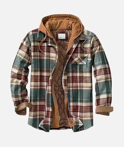 Kariertes Herrenhemd mit Kapuze, gefüttert, in Grün, Rot und Beige. Perfekt für Herbstmode, warm und stilvoll. Ideal für Outdoor-Aktivitäten.