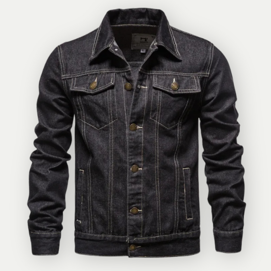Schwarze Jeansjacke für Herren, klassisches Design, robuste Nähte, Metallknöpfe, modisch und vielseitig, ideal für Freizeitkleidung.