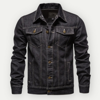 Schwarze Jeansjacke für Herren, klassisches Design, robuste Nähte, Metallknöpfe, modisch und vielseitig, ideal für Freizeitkleidung.