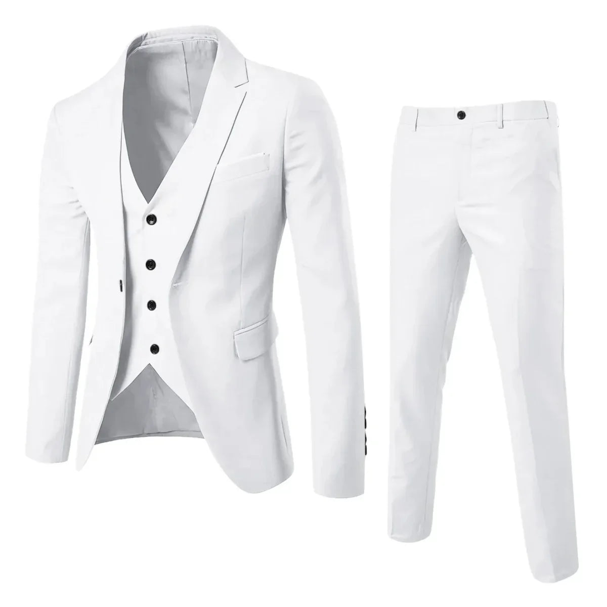 Eleganter weißer Anzug für Herren mit Weste und Hose, ideal für Hochzeiten oder formelle Anlässe. Stilvoller Dreiteiler mit Knopfdetails.