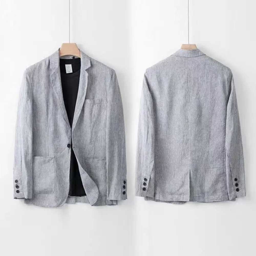 Grauer Leinenblazer für Herren, Vorder- und Rückansicht, mit Knöpfen an den Ärmeln. Eleganter, leichter Sommerblazer für formelle Anlässe.