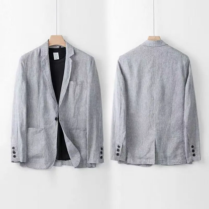 Grauer Leinenblazer für Herren, Vorder- und Rückansicht, mit Knöpfen an den Ärmeln. Eleganter, leichter Sommerblazer für formelle Anlässe.