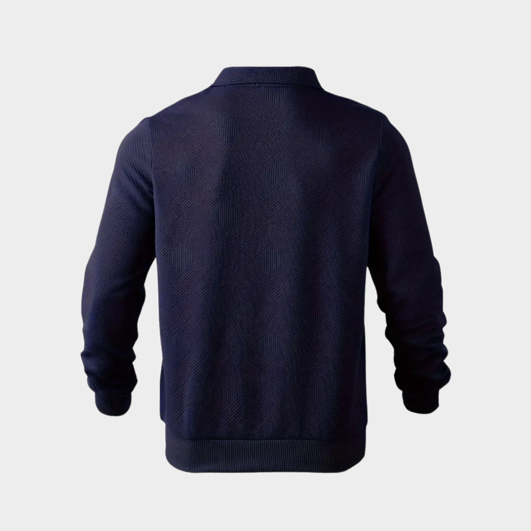Dunkelblauer Herrenpullover mit geometrischem Muster, Langarm, gerippte Bündchen, modisch, elegant, ideal für Herbst und Winter.