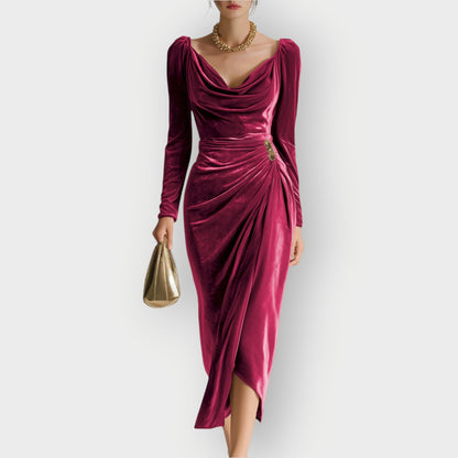 Women's Midi Dress Draped with Ruching Long Sleeve