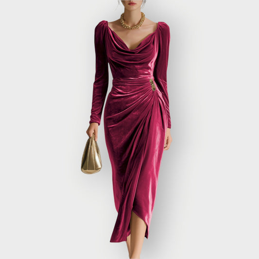 Damen Kleid Midi Drapiert Raffungen Langarm
