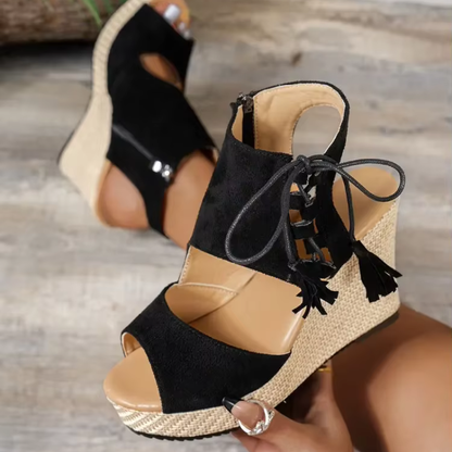 Damen Sommer-Wedges mit geflochtener Jute und Schnürung am Knöchel – Offene Zehen