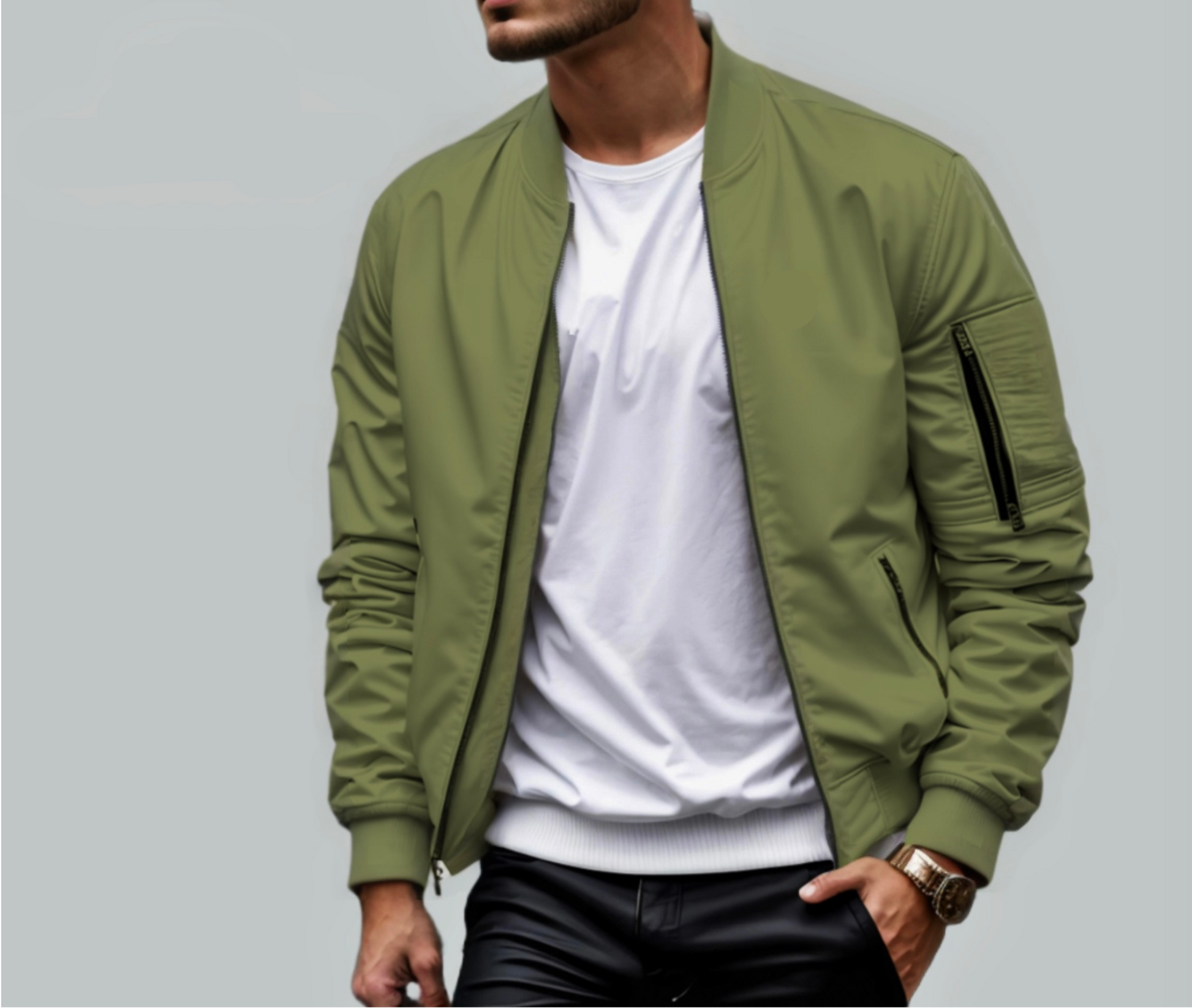 Mann in olivgrüner Bomberjacke, weißem T-Shirt und schwarzer Hose. Modetrend, Herrenmode, lässiger Stil, Streetwear, stilvolle Jacke.